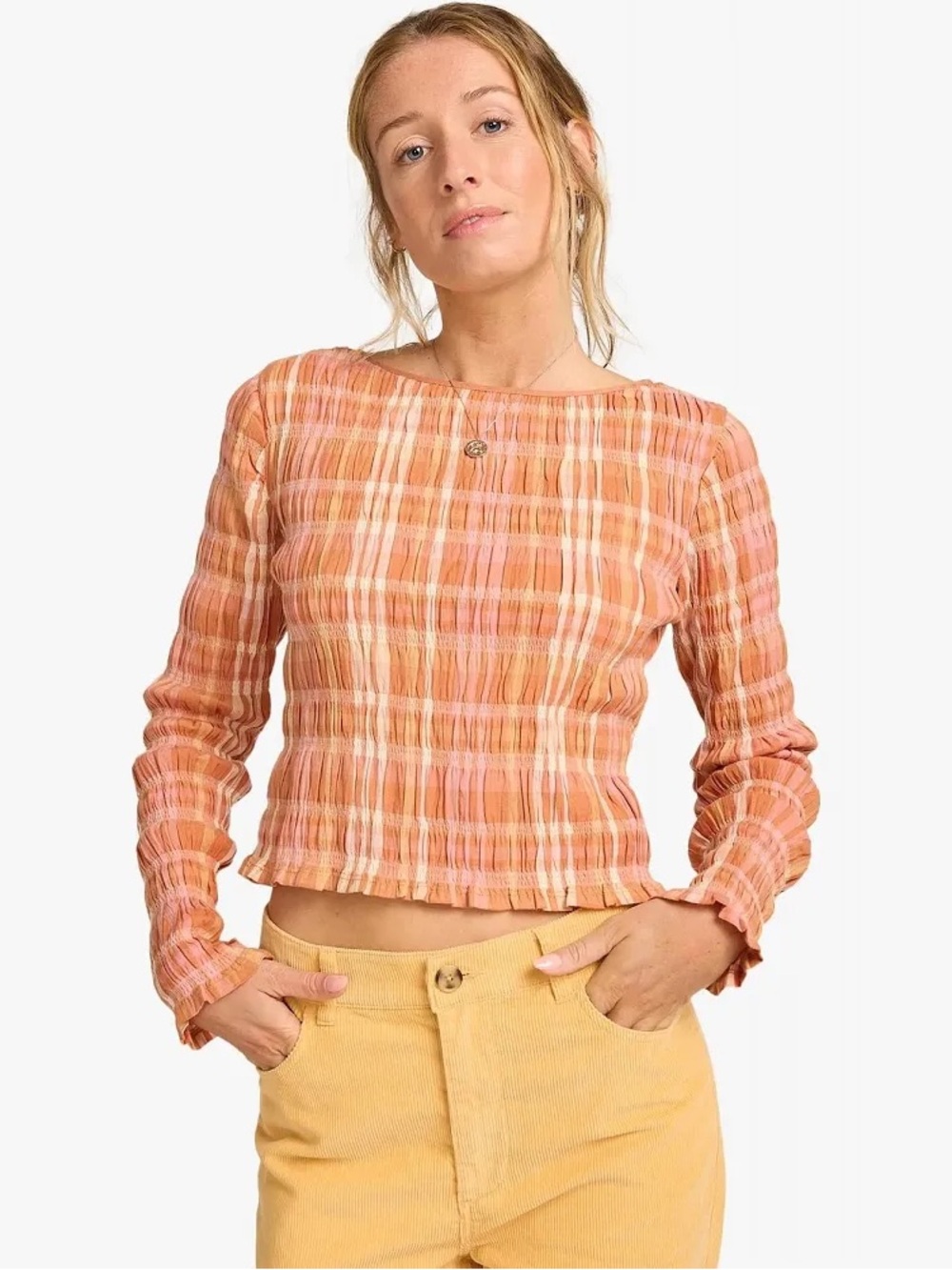 Billabong NWT Check Me Out Long Sleeve Smocked Crop Top Sunburnt Women Size M - Picture 6 of 15